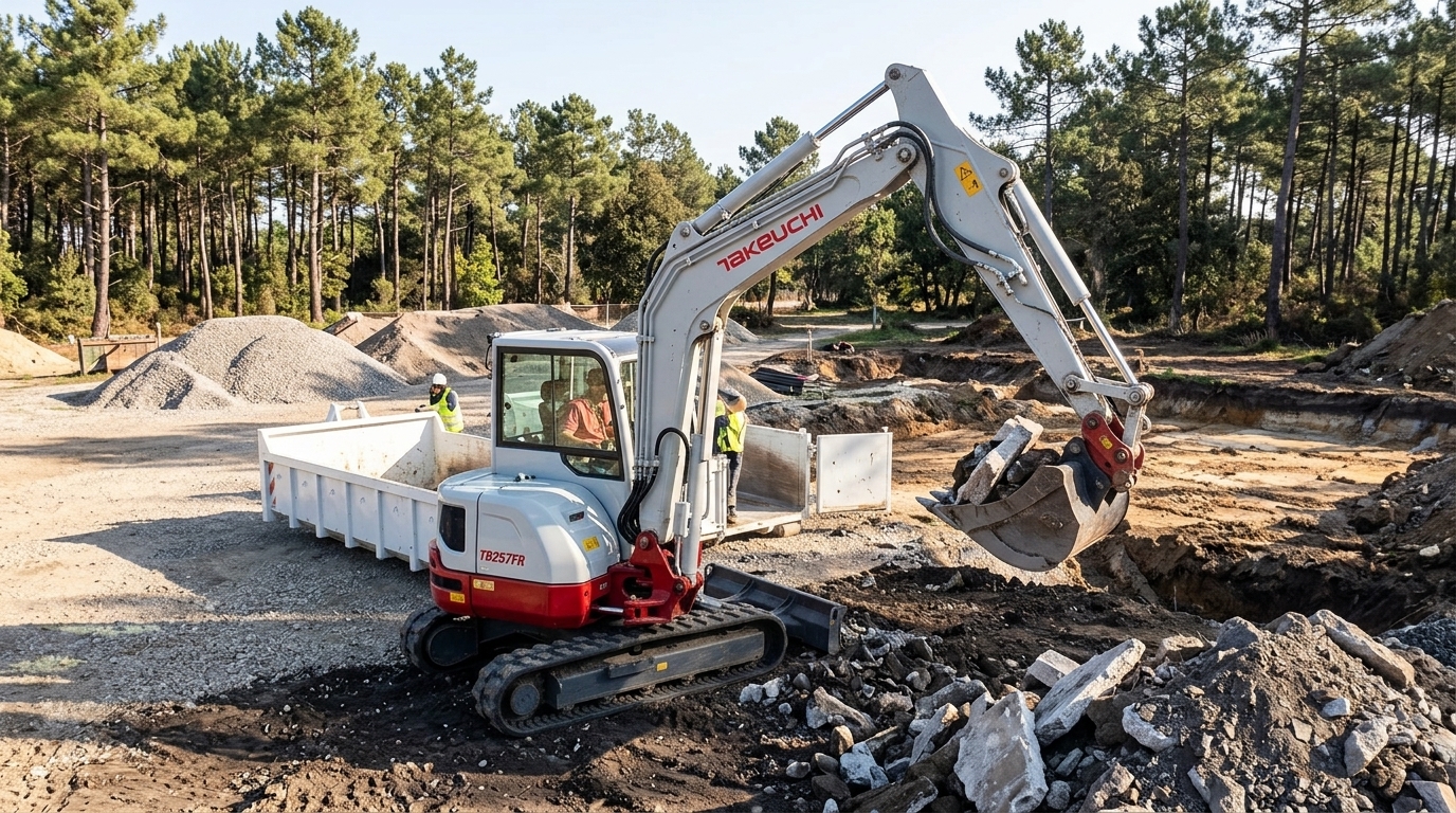 Chargement de gravats et terre par mini-pelle Takeuchi dans une benne 8m3 en Gironde