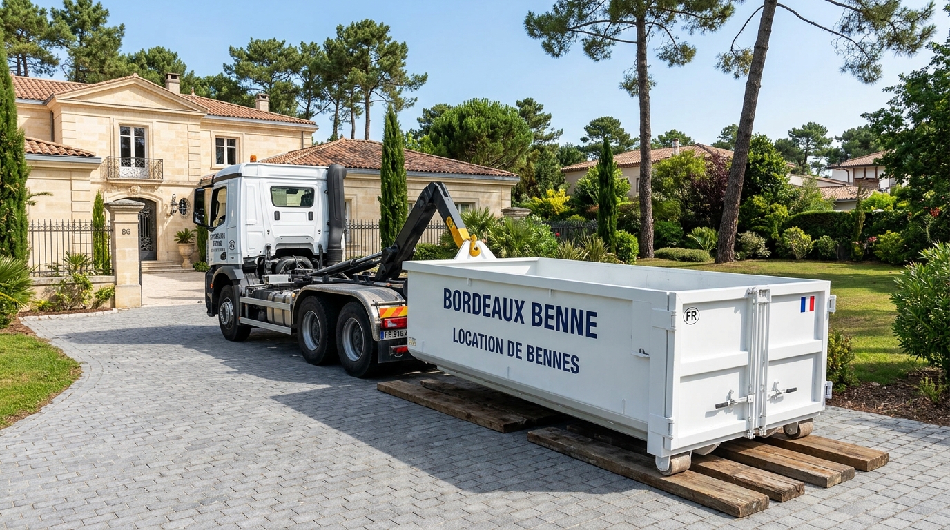 Pose d'une benne 8m3 blanche sur cales en bois avec camion Mercedes Arocs Bordeaux Benne à Gradignan