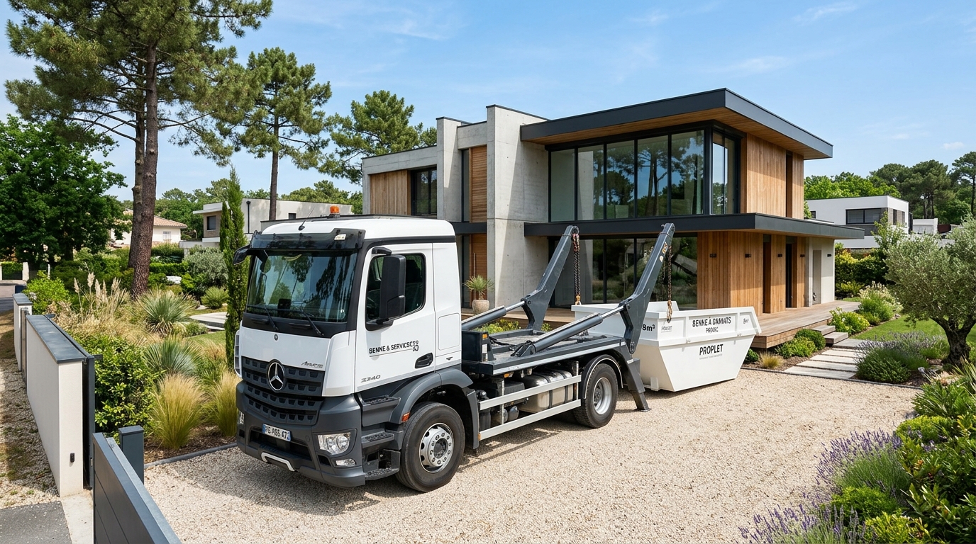 Livraison d'une benne de chantier 8m3 blanche à Pessac avec camion Mercedes-Benz Arocs