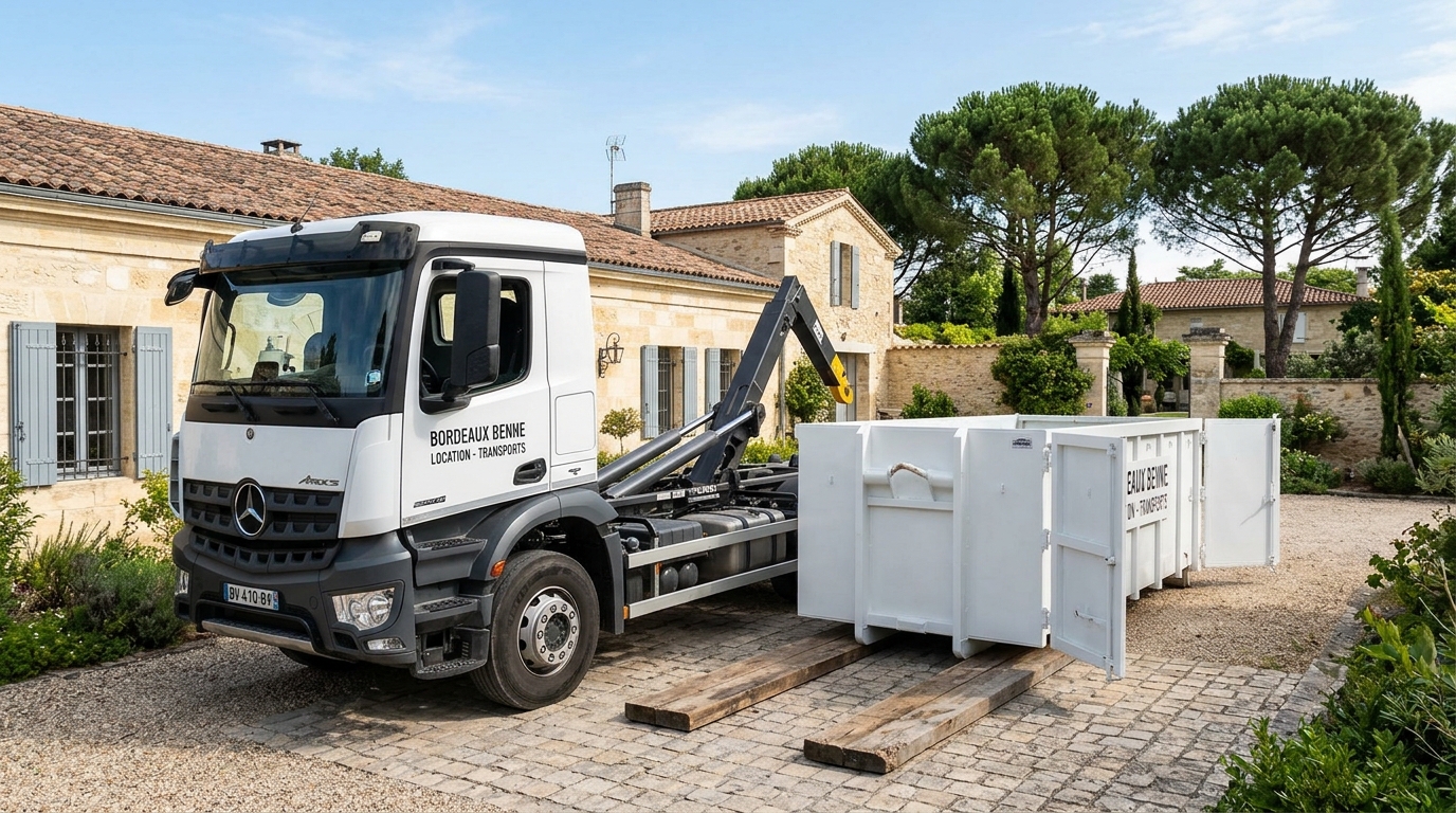 Pose d'une benne 8m3 blanche sur cales en bois avec camion Mercedes Arocs Bordeaux Benne à Talence