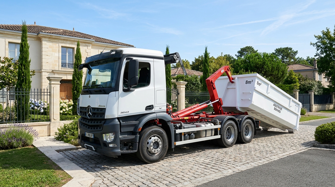 Livraison d'une benne 8m3 blanche à Villenave-d'Ornon avec camion Mercedes Arocs de Bordeaux Benne